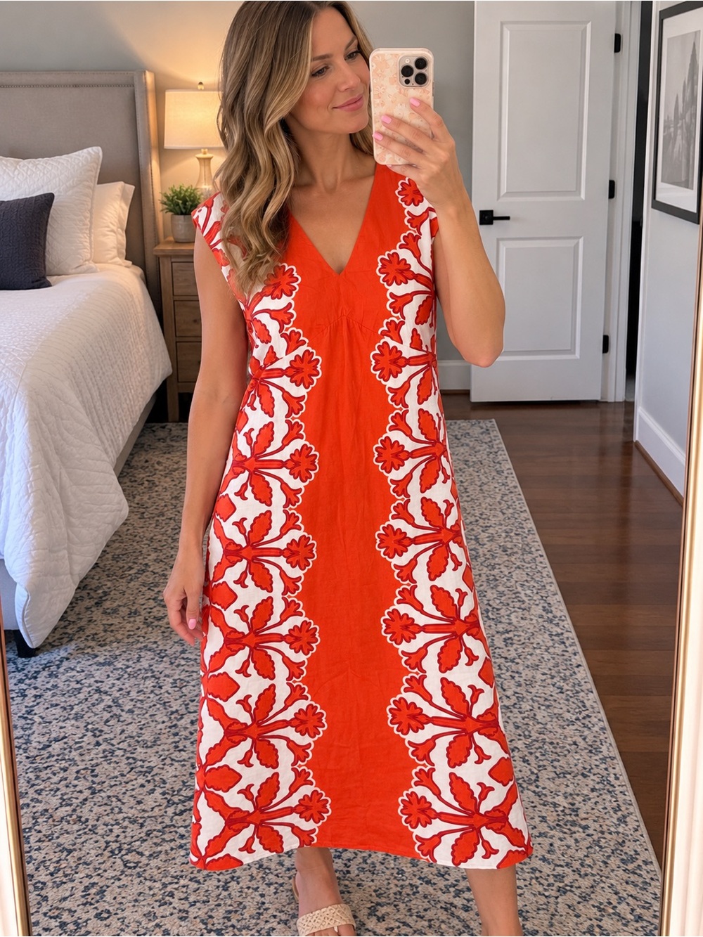 Anna Cate Orange White Floral Cotton V Neck Maxi Dress Size L
